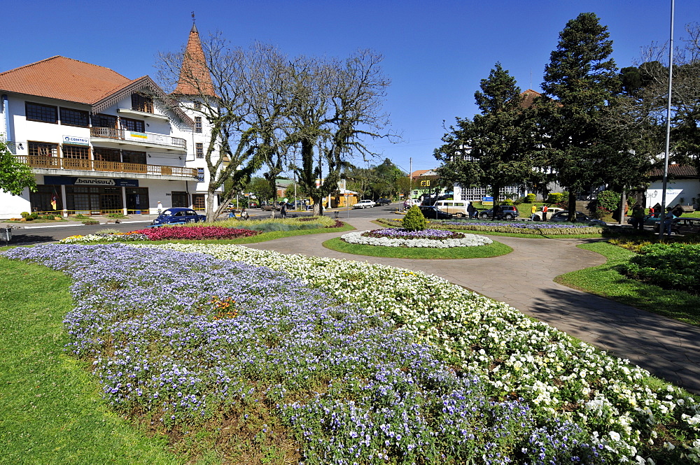 Main square with flower gardens, Nova Petropolis, Rio Grande do Sul, Brazil, South America