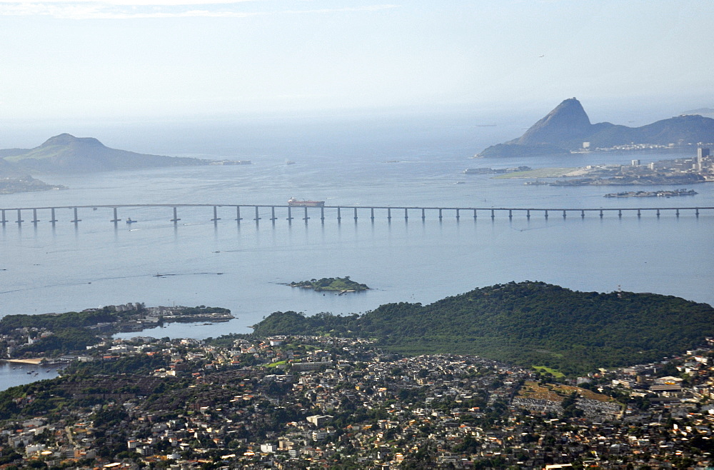 Aerial view of bridge connecting Niteroi and Rio de Janeiro, Guanabara Bay, Brazil, South America