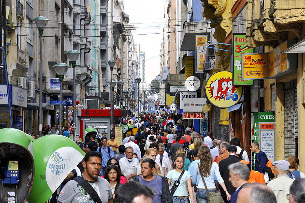 Crowds walk through the main mall street in downtown, Porto Alegre, Rio Grande do Sul, Brazil, South America