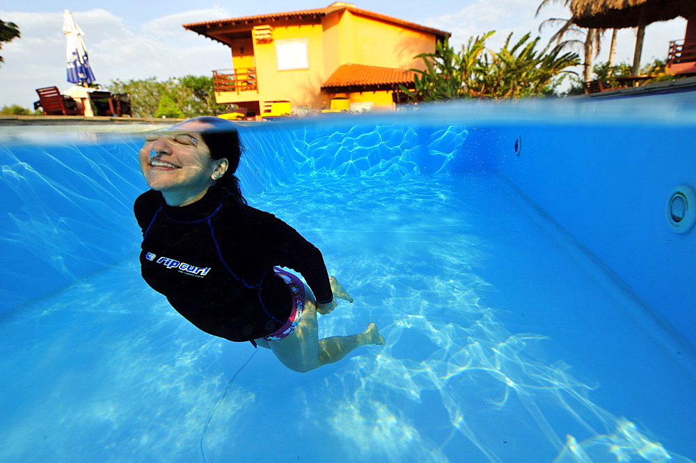 Underwater model in swimming pool, Bonito, Mato Grosso do Sul, Brazil, South America