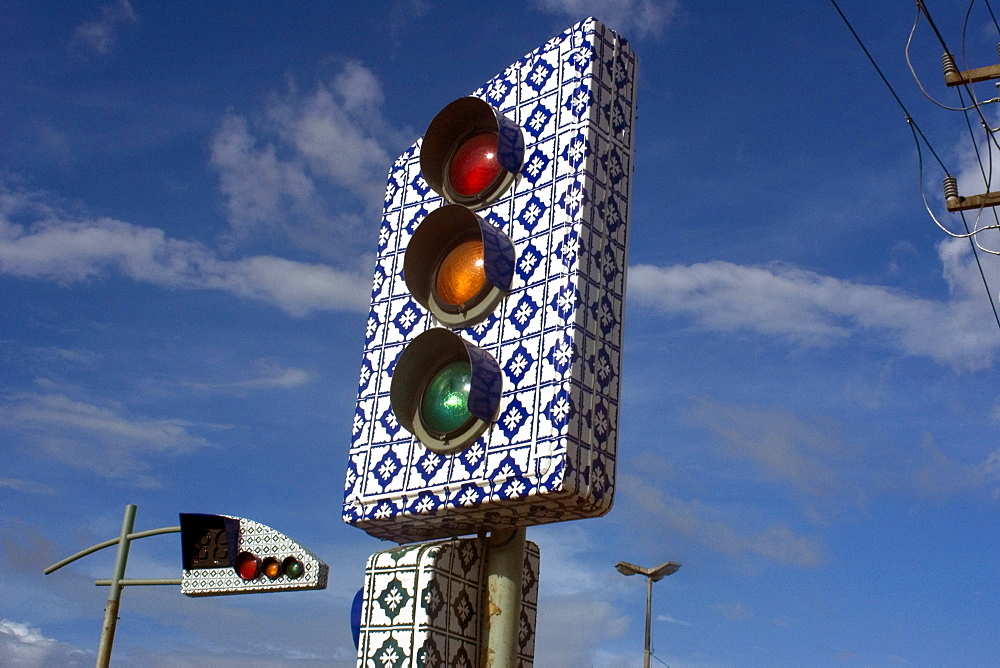 Traffic light made in the traditional Portuguese blue tiles style from the 17th century, Sao Luis, Maranhao, Brazil, South America