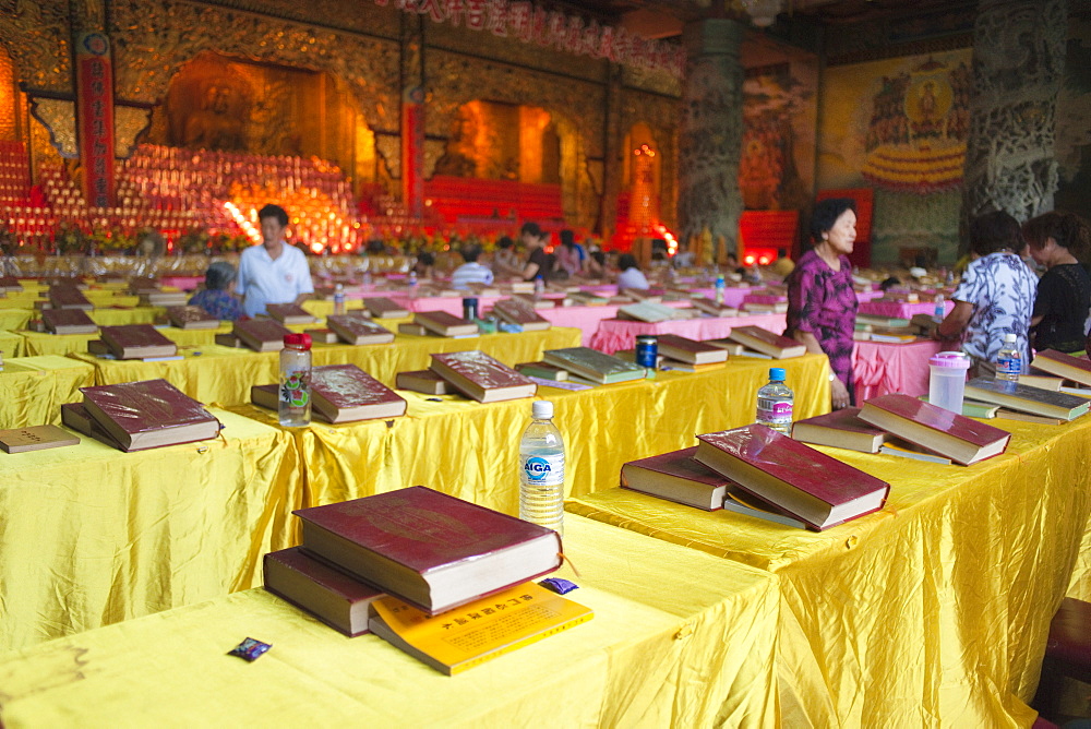 Prayer hall, prayer books, Kek Lok Si Temple (Temple of Supreme Bliss).  George Town, Thailand, Asia