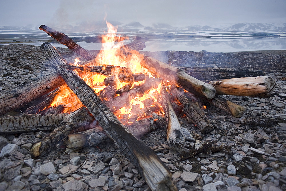 Bonfire on the beach. Svalbard, Norway