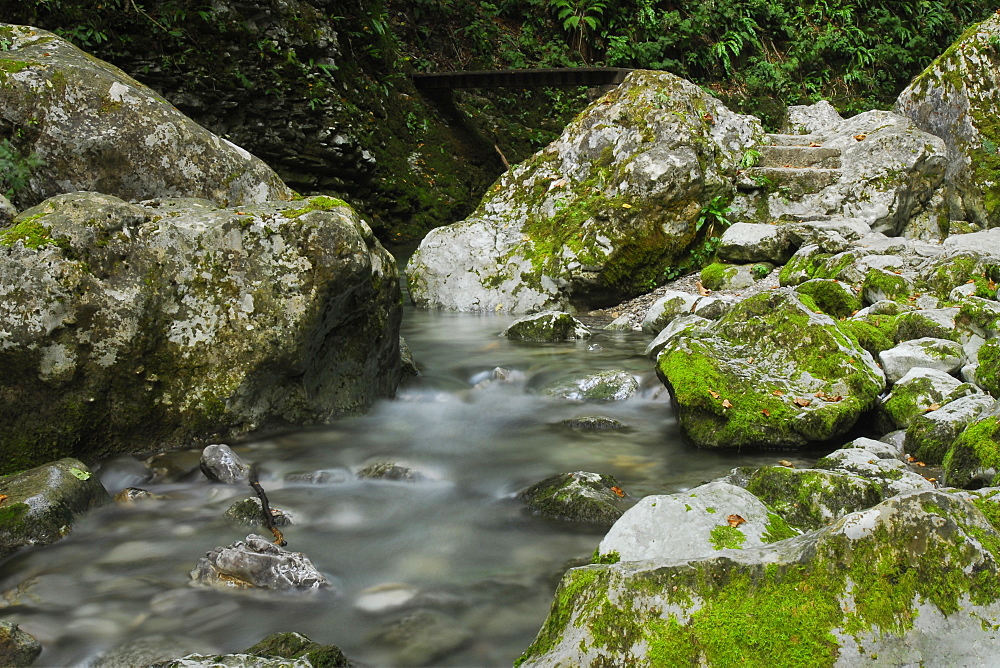 Walking trail, moss rocks, water, tribute, stream. Koberjan, Slovenia