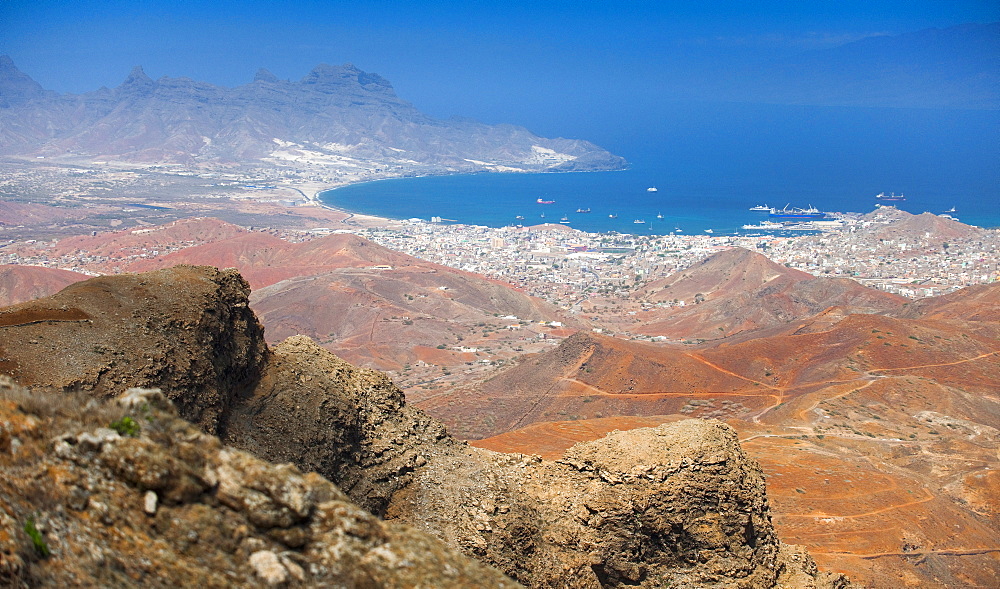 04/04/2009. Cape Verde, Cabo Verde, São Vicente, Mindelo,  Monte VerdeSao Pedro, View from Monte Verde towards Praia Grande. Mindelo, Mt Verde, Sao Vicente Island. Cape Verde Islands