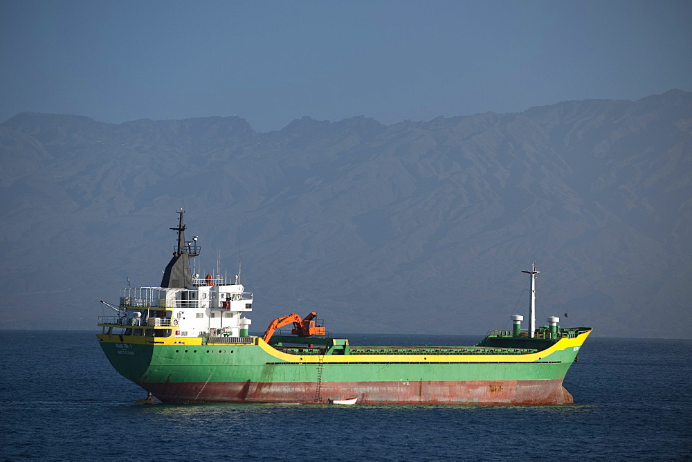 04/04/2009, Early morning, Mindelo Harbour, Cargo ships with mindelo and surrounding mountains. Mindelo, Mindelo Harbour, Sao Vicente Island. Cape Verde Islands