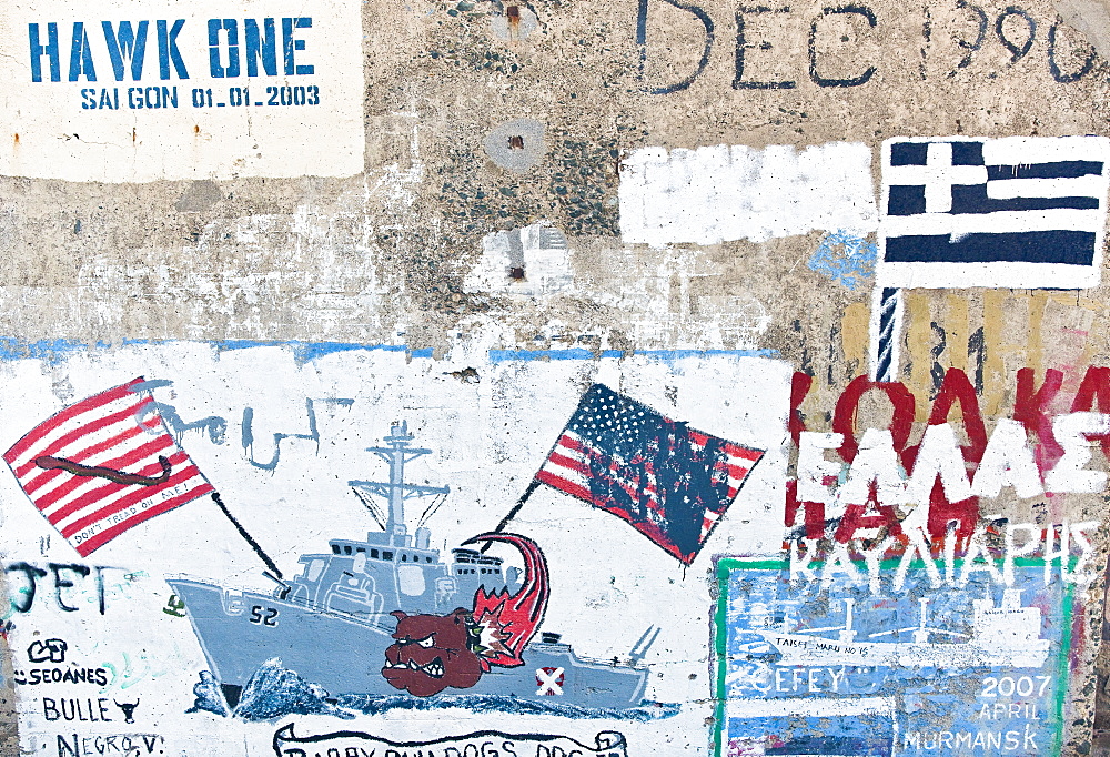 04/04/2009, Early morning, Mindelo Harbour, Docking, Wharf, Dock yard, gratified wall, naval ship signatures. Mindelo, , Sao Vicente Island. Cape Verde Islands