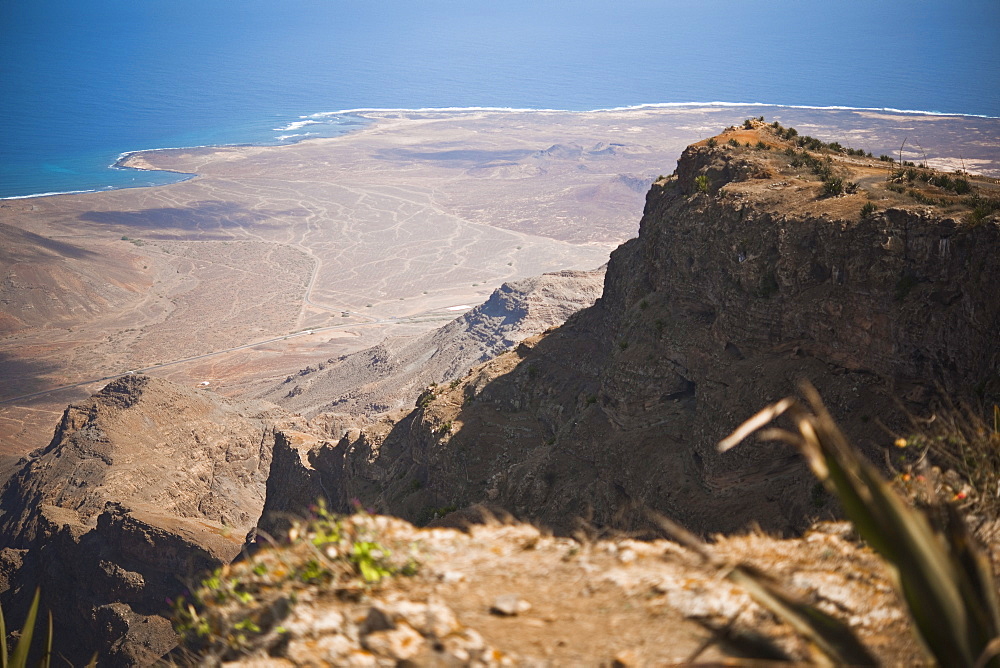 04/04/2009. Cape Verde, Cabo Verde, São Vicente, Mindelo,  Monte VerdeSao Pedro, View from Monte Verde towards Praia Grande, volcanic formations. Mindelo, Mt Verde, Sao Vicente Island. Cape Verde Islands