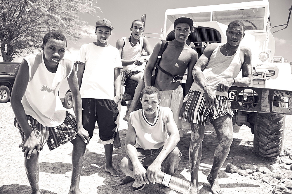 03/04/2009. Tarrafal bay Town Beach. Children and teenagers enjoy their local beach in the mid day. The Cape Verde islands have a large population percentage of youths. . Praia, Tarrafal , Sao Tiago Island. Cape Verde