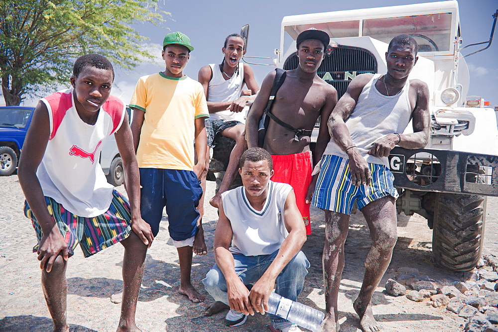 03/04/2009. Tarrafal bay Town Beach. Children and teenagers enjoy their local beach in the mid day. The Cape Verde islands have a large population percentage of youths. . Praia, Tarrafal , Sao Tiago Island. Cape Verde