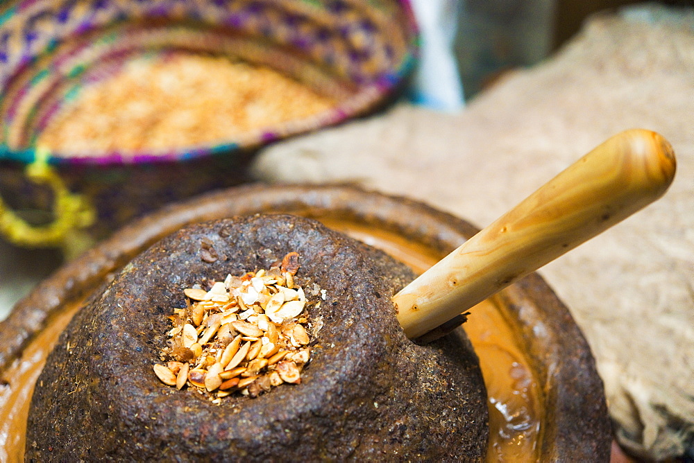 Argon / Argain Oil, considered to be one of the finest natural anti-ageing treatments for skin. Taroudant, Souks, Agadir. Morocco