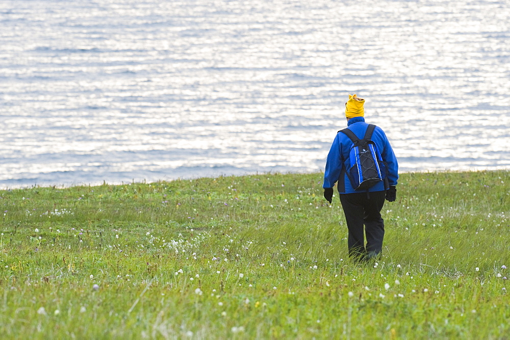 Tourist  Female hiker walking, exploration on Bering Islands (Bering Sea) Russia, Asia