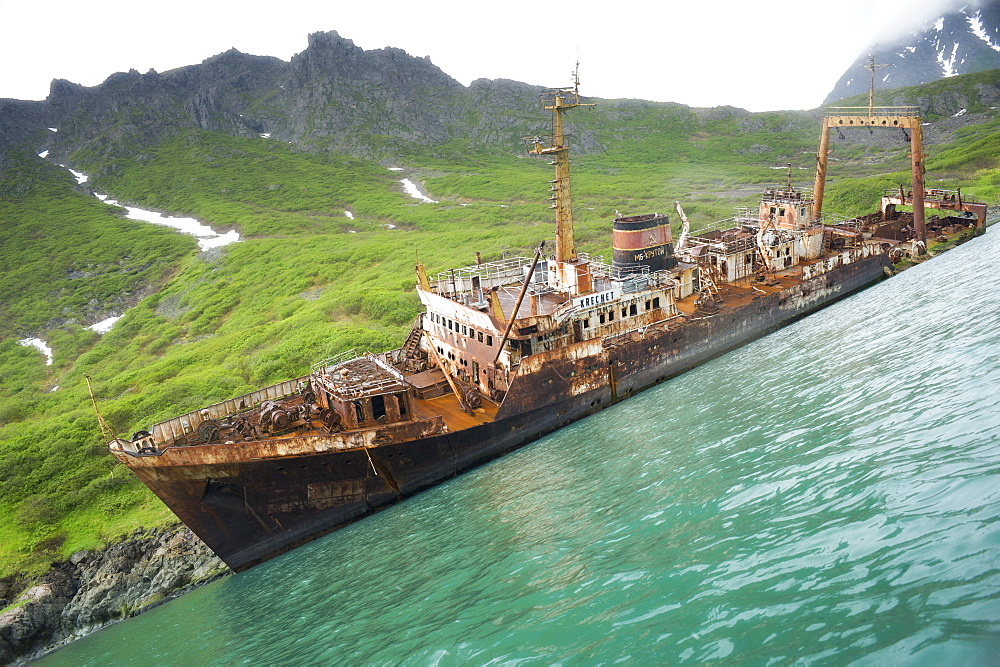 Ship wreck at an abandoned Herring fishing settlement, Yuzhnaya Glybokaya Bay (Bering Sea) Russia, Asia