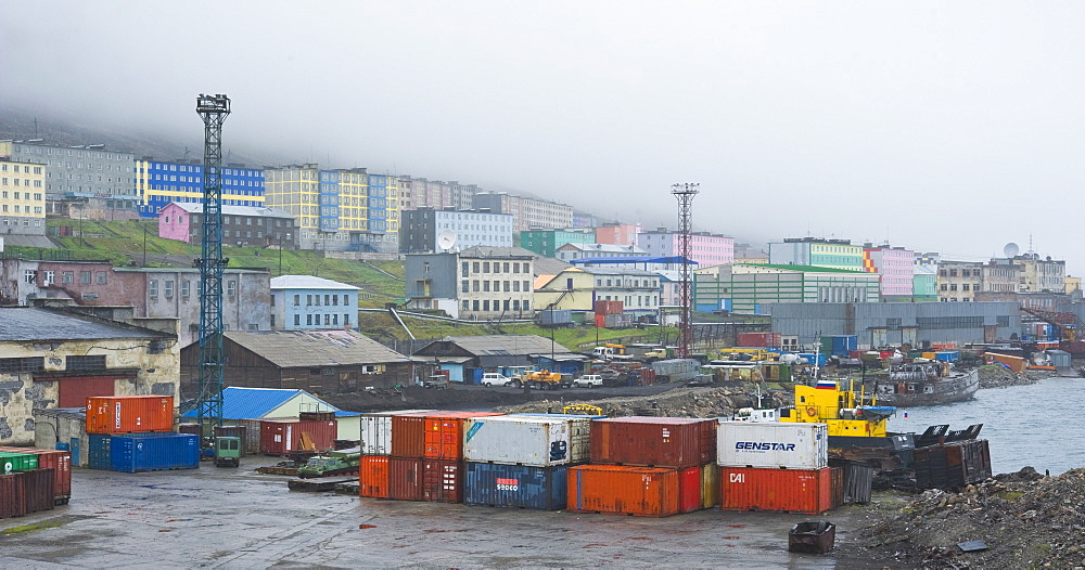 Port of Provideniya. harbour side looking to the city center, City of Provideniya (Chukotskiy Peninsular ) Russia,  Asia