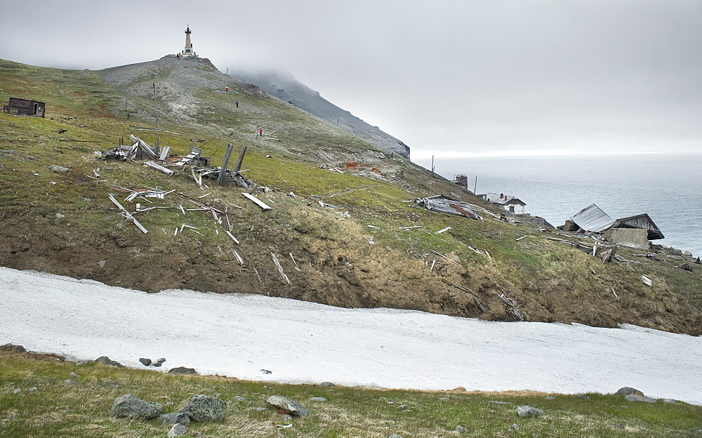 Semyon Dezhnev settlement, abandoned and ruined, Cape Dezhnev (Chukotskiy Peninsular ) Russia, Asia.  MORE INFO: cape that forms the easternmost mainland point of Eurasia. In 1898 it was officially renamed Cape Dezhnev, replacing Captain James Cook's 'East Cape', in honor of Semyon Dezhnyov, the first recorded European to round it (1648). There is a large monument to Dezhnev on the coast.