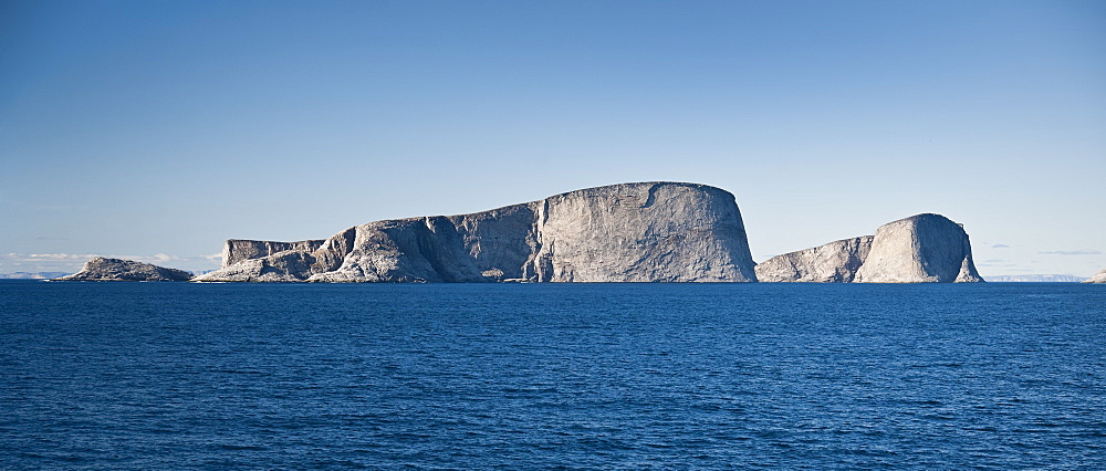 Onboard the clipper Adventurer, looking out to Monumental Island, Baffin Island, Canada, North America