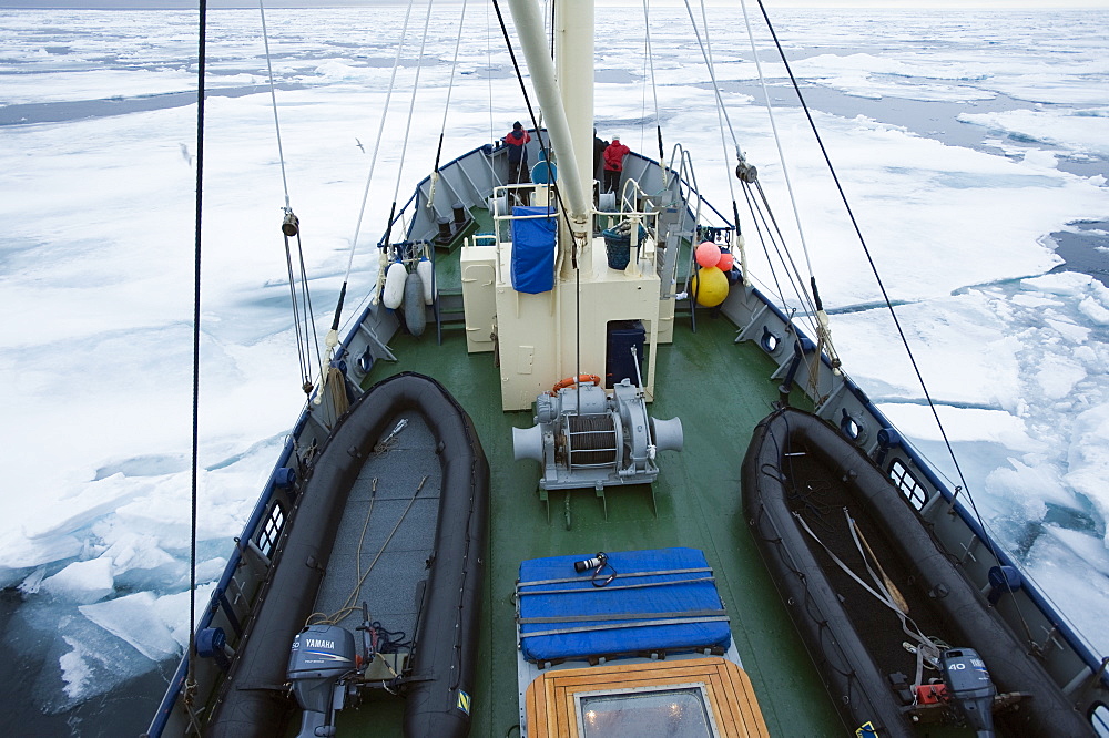 Zodiac, boat, cruise. tourists, arctic sheet ice, ice breaker. Longyearbyen, Svalbard, Norway