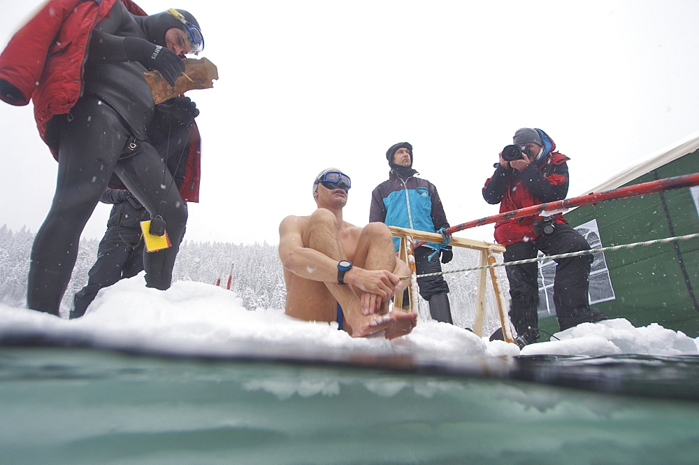 Stig Severinsen doing constant weight with no fins at the Oslo Ice Challenge 2009. Oslo, Norway