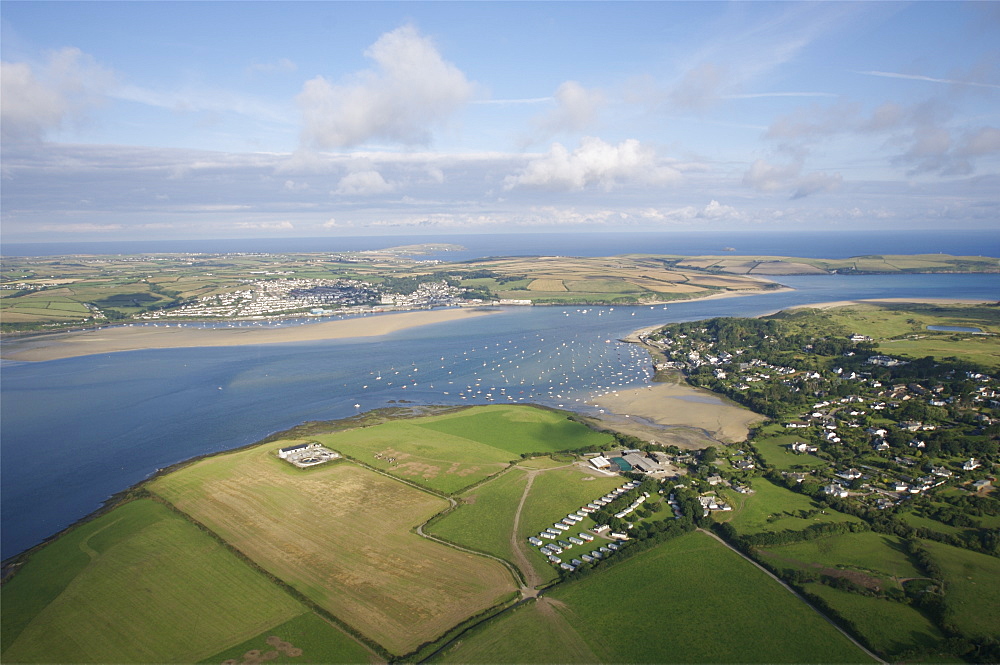 Aerial views looking at Padstow. Cornwall, UK