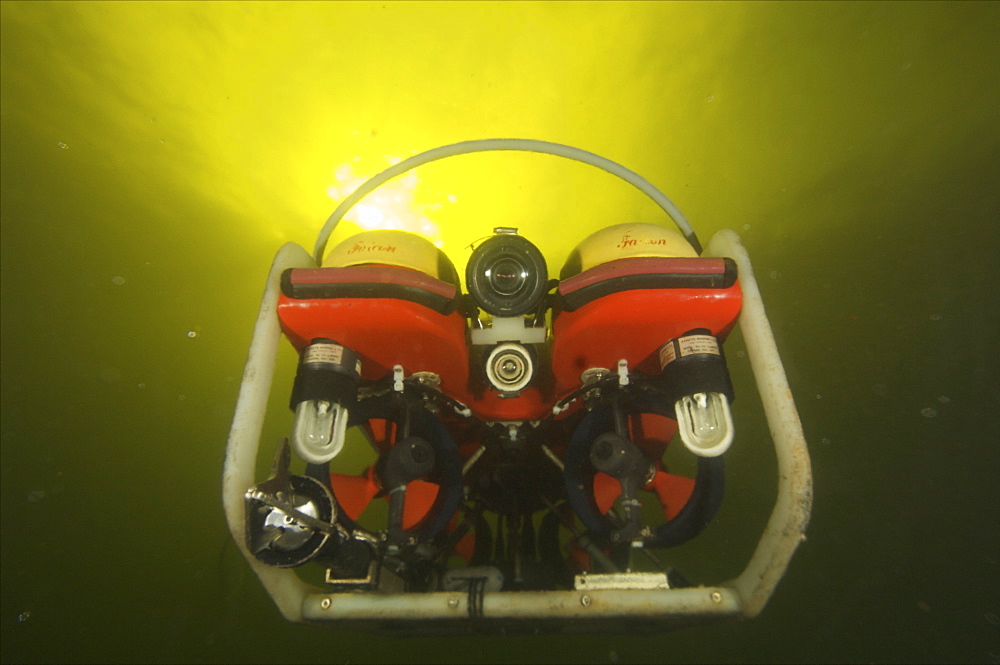 ROV or robotic operated vehicle used for inspection or repairs underwater. The offshore business use them for all type of applications. They can go to great depths, where divers can't reach