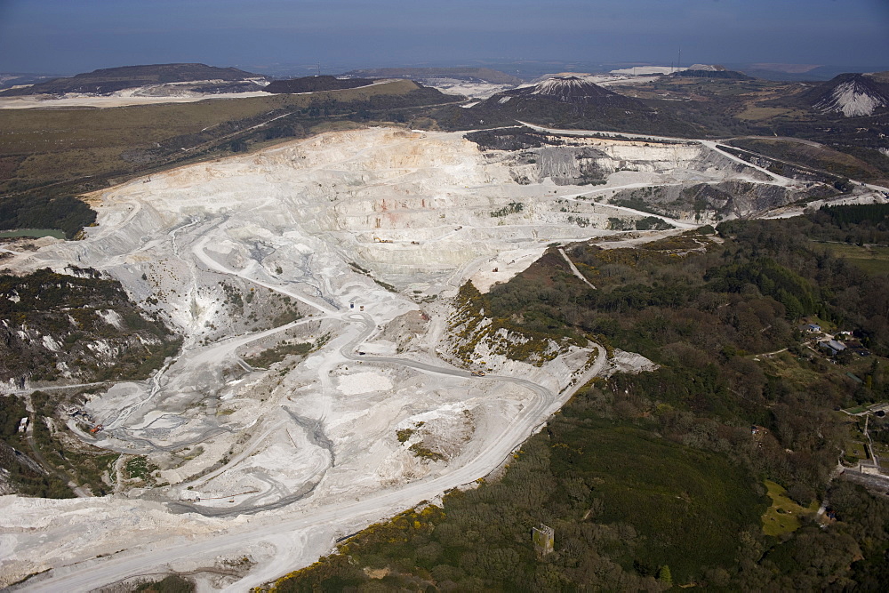 Aerial view of China Clay pits in Cornwall. Uk England