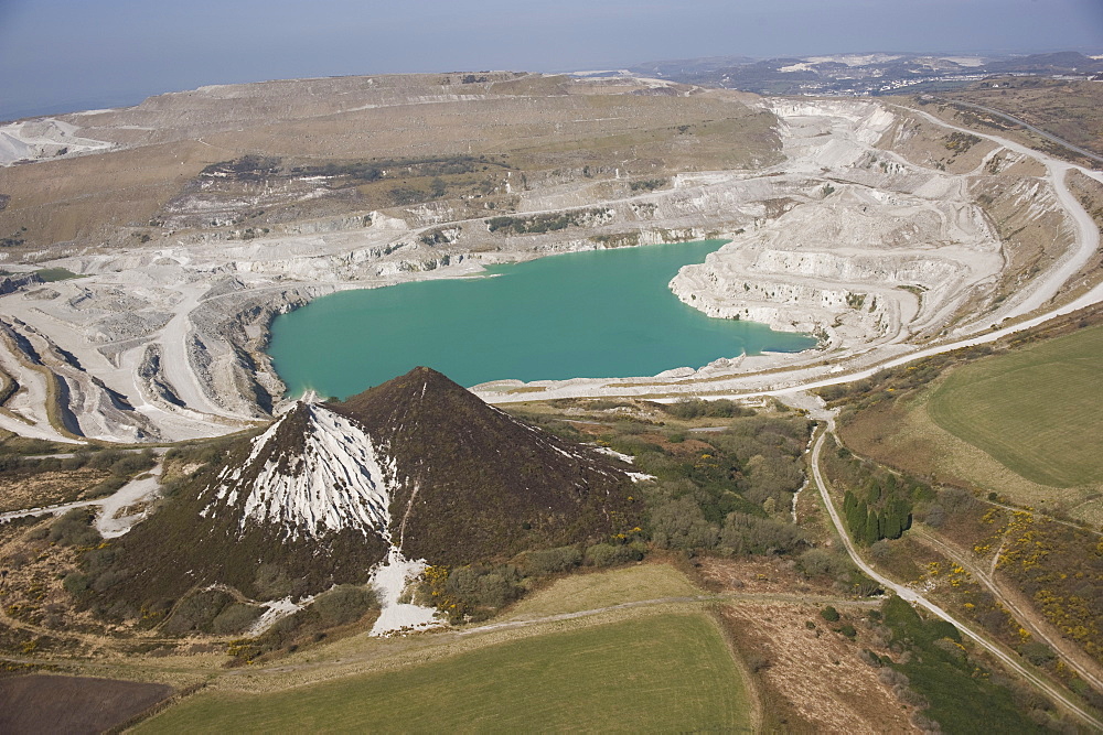 Aerial view of China Clay pits in Cornwall. Uk England