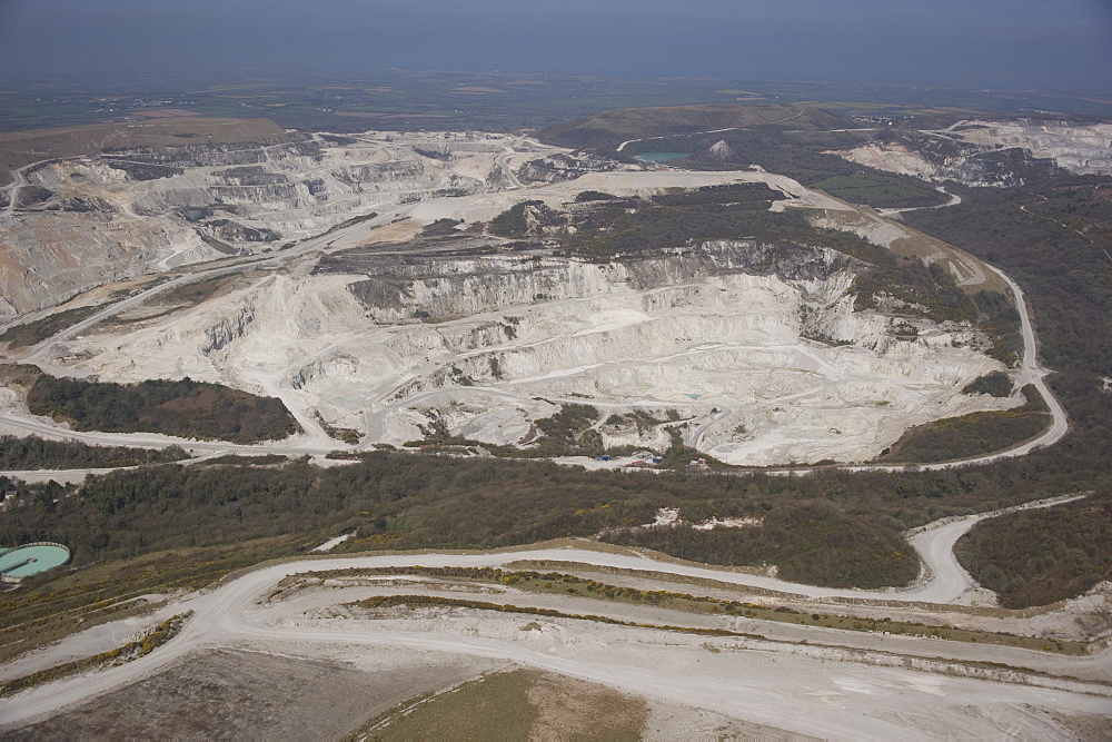 Aerial view of China Clay pits in Cornwall. Uk England