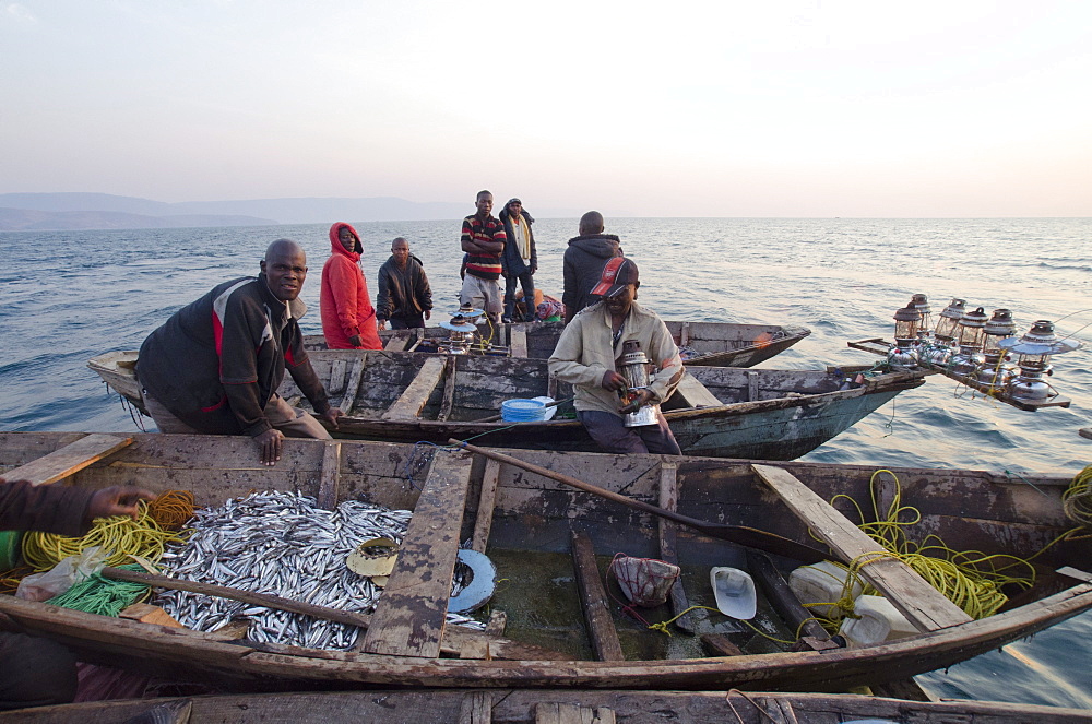 Fishermen on Lake Tanganyika early morning fishing for cichlids to sell in the local fish market, Zambia, Africa