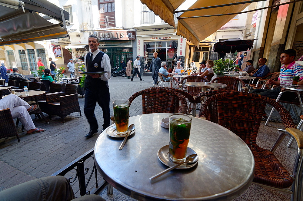 Mint tea served at the Cafe Tingis in the Petit Socco of the Medina or old city of Tangier, Morocco, North Africa, Africa