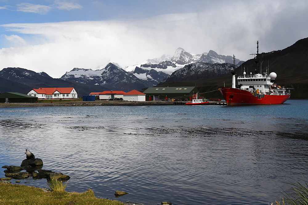 King Edward Point research station with fisheries patrol boat Pharos alongside at the jetty, South Georgia, Polar Regions