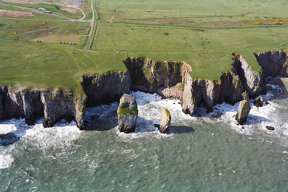 Aerial view of Elegug Stacks, Castlemartin, Wales, UK