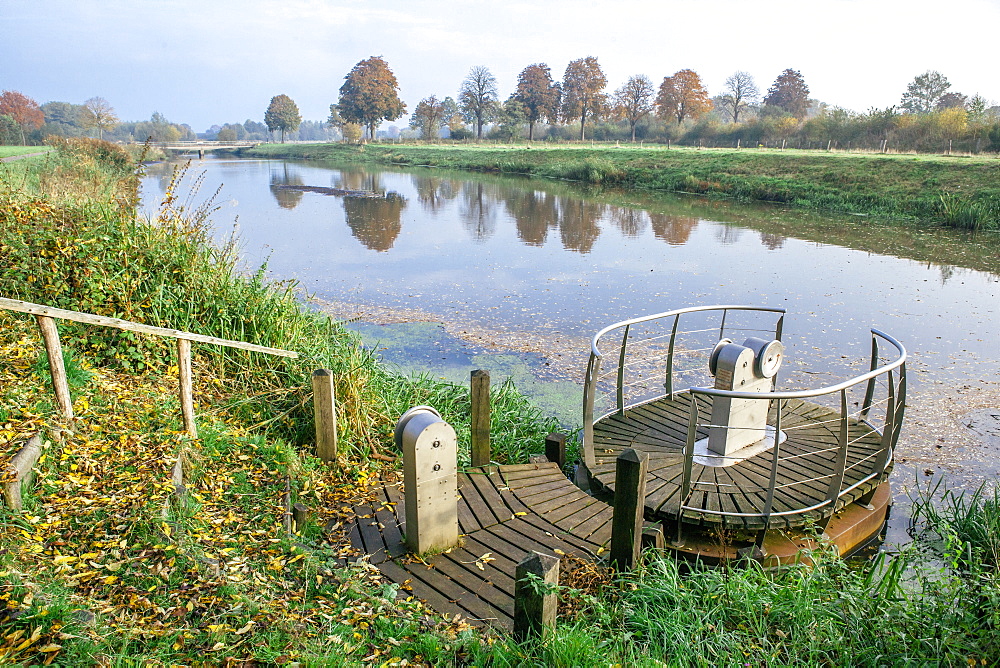 Manual river crossing on the River Mark in autumn, taken from the Belgium-Holland border, Meersel Dreef, Belgium, Europe