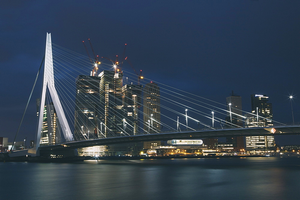 Erasmusbrug (Erasmus Bridge) crossing the Nieuwe Maas River, at night, Rotterdam, South Holland, The Netherlands (Holland), Europe 