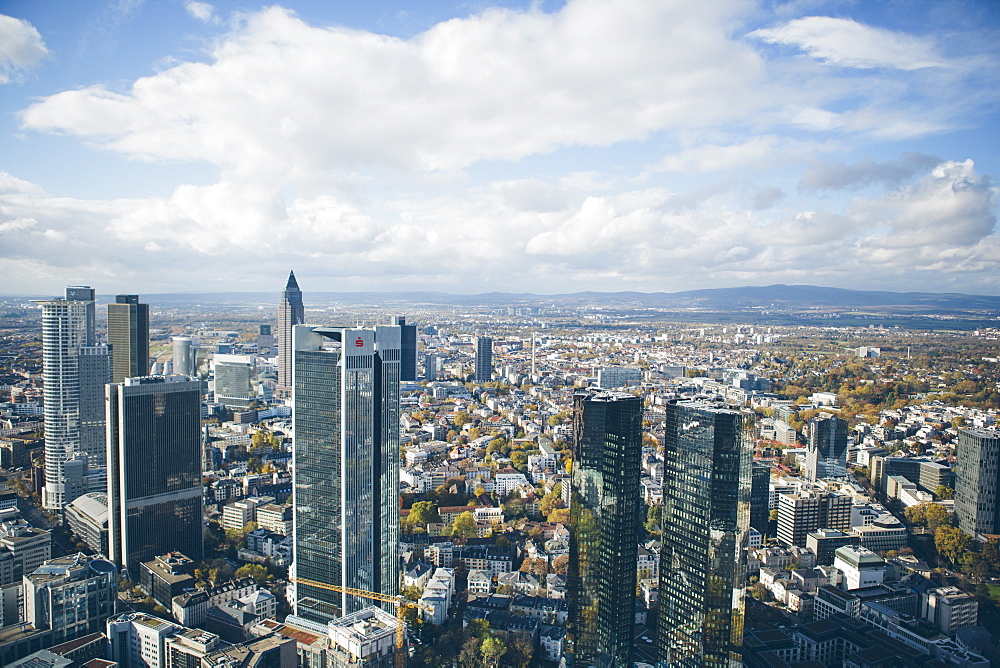 High angle view of financial centre, Frankfurt-am-Main, Hesse, Germany, Europe 