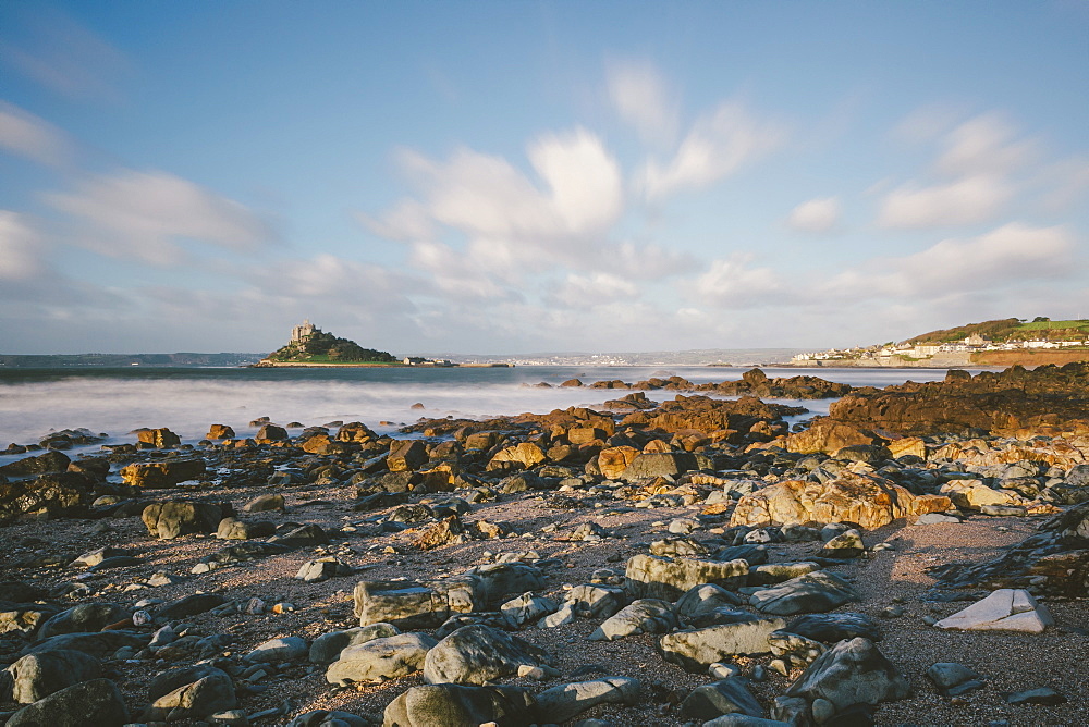 Rocky shoreline and St. Michaels Mount, early morning, Cornwall, England, United Kingdom, Europe 