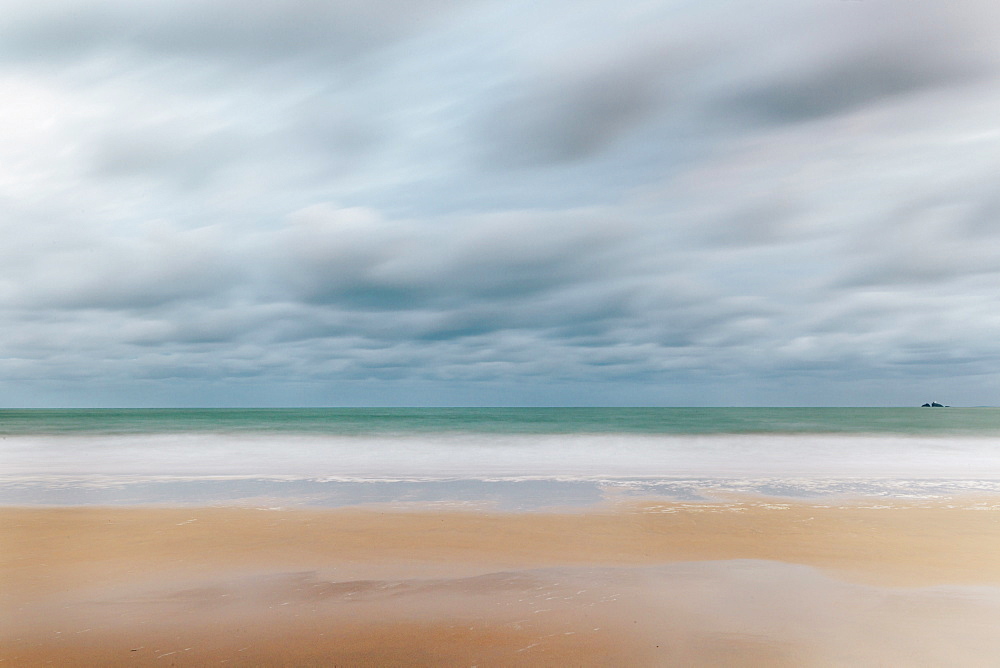 Carbis Bay beach looking to Godrevy Point at dawn, St. Ives, Cornwall, England, United Kingdom, Europe 