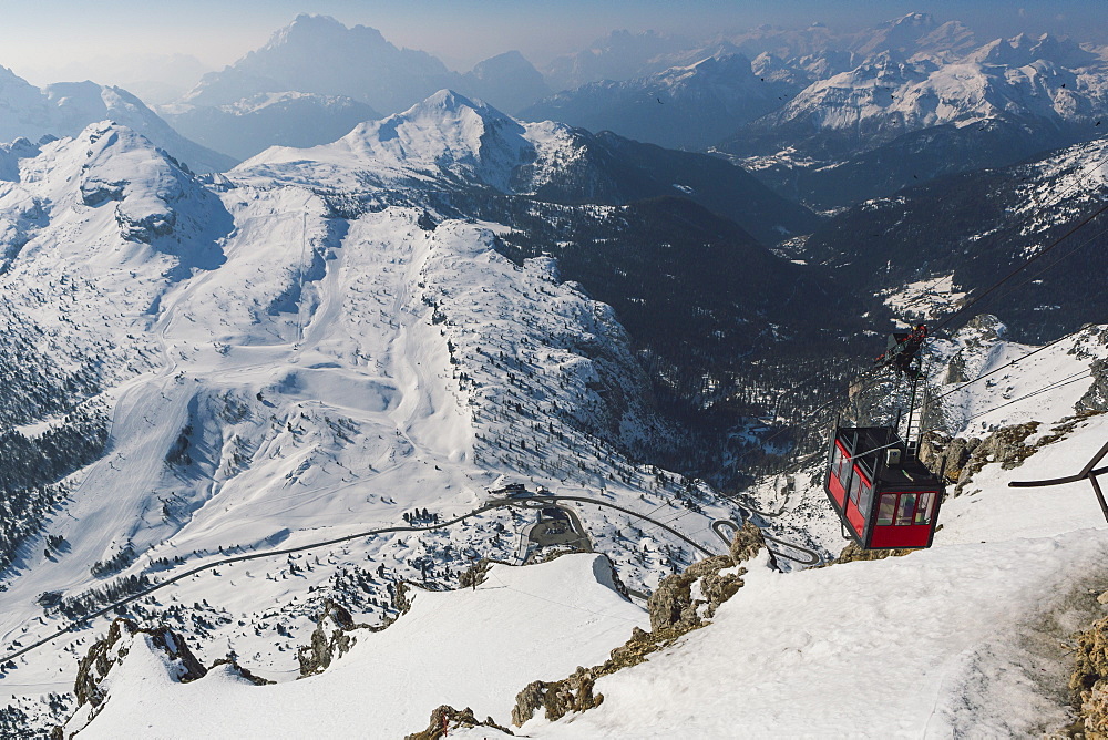 View of Cable Car station, looking down from the summit of Lagazuoi, 2730m, Hidden valley ski area, Dolomites, UNESCO World Heritage Site, South Tyrol, Italy, Europe