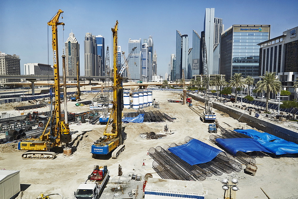 Construction is all around The Burj Khalifa, the worlds tallest building in downtown Dubai, United Arab Emirates, Middle East