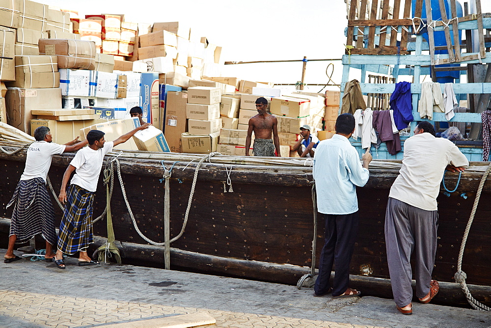 Free-trade port Dubai Creek, with dhows piled high with a range of goods, Dubai, United Arab Emirates, Middle East