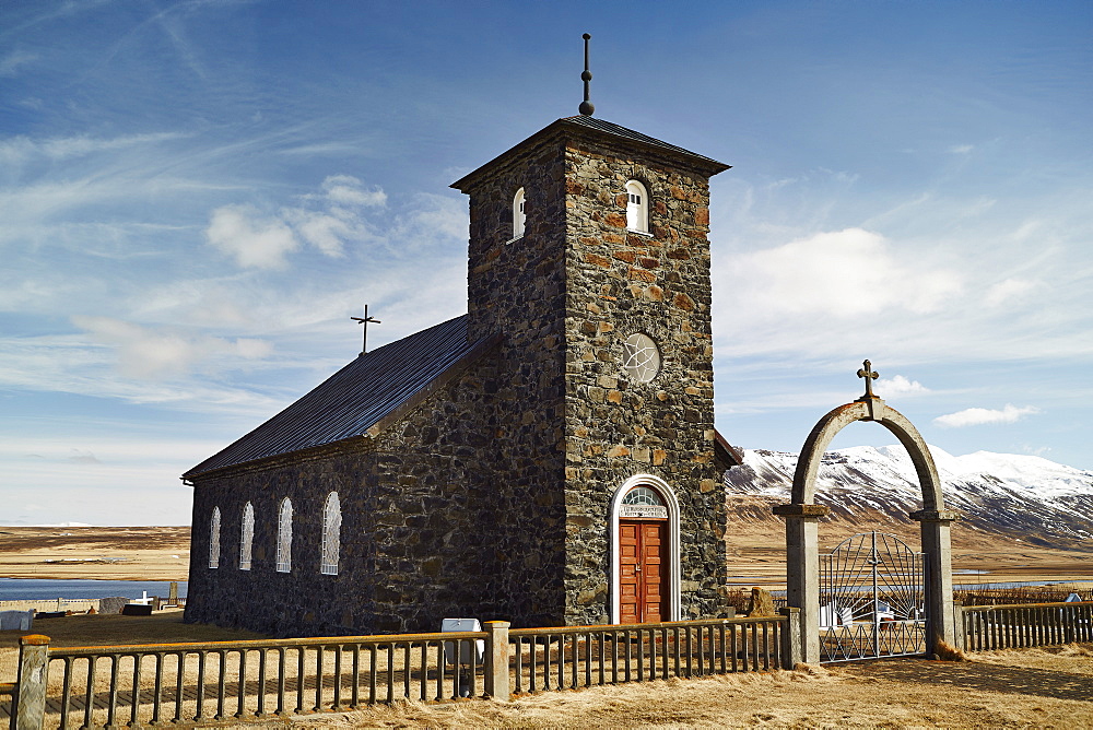 Thingeyrar church, an imposing and historic place of worship since the first settlements, Iceland, Polar Regions