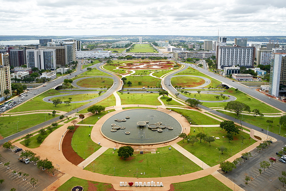 View of the monumental axis with the government buildings in the distance including National Congress and hotel sectors, Brasilia, UNESCO World Heritage Site, Brazil, South America