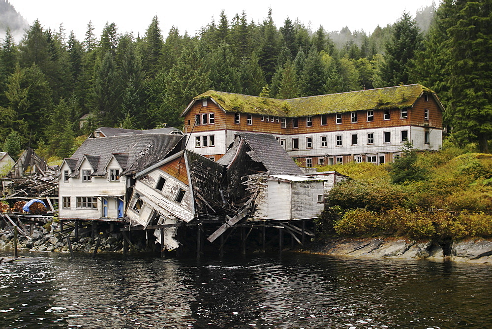 The dilapidated cannery site at Butedale, British Columbia, Canada. Note the way the forest has reclaimed this cannery site from the 20th century.