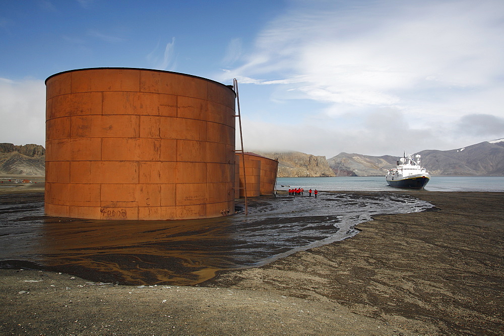 The National Geographic Endeavour anchored at the old Norwegian whaling station at Whaler's Cove, Deception Island