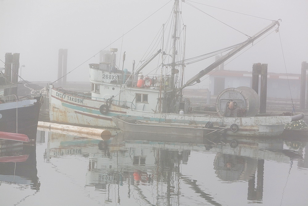 Scenes from the harbor on a foggy day in Alert Bay on Cormorant Island, British Columbia, Canada. No model or property releases.