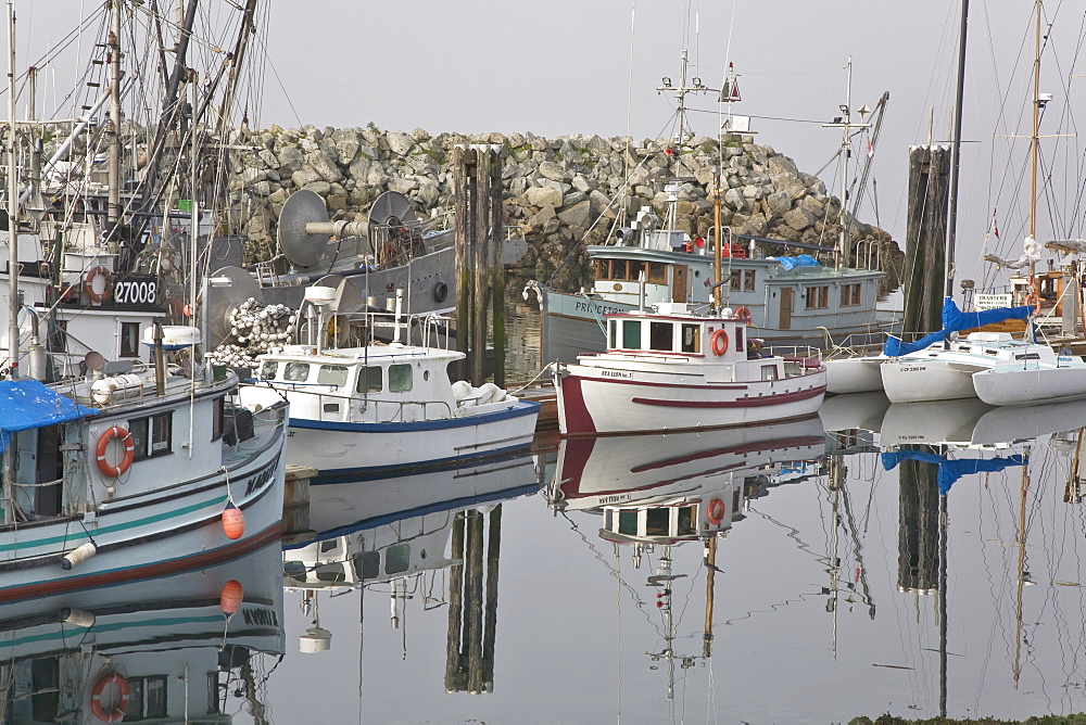 Scenes from the harbor on a foggy day in Alert Bay on Cormorant Island, British Columbia, Canada. No model or property releases.