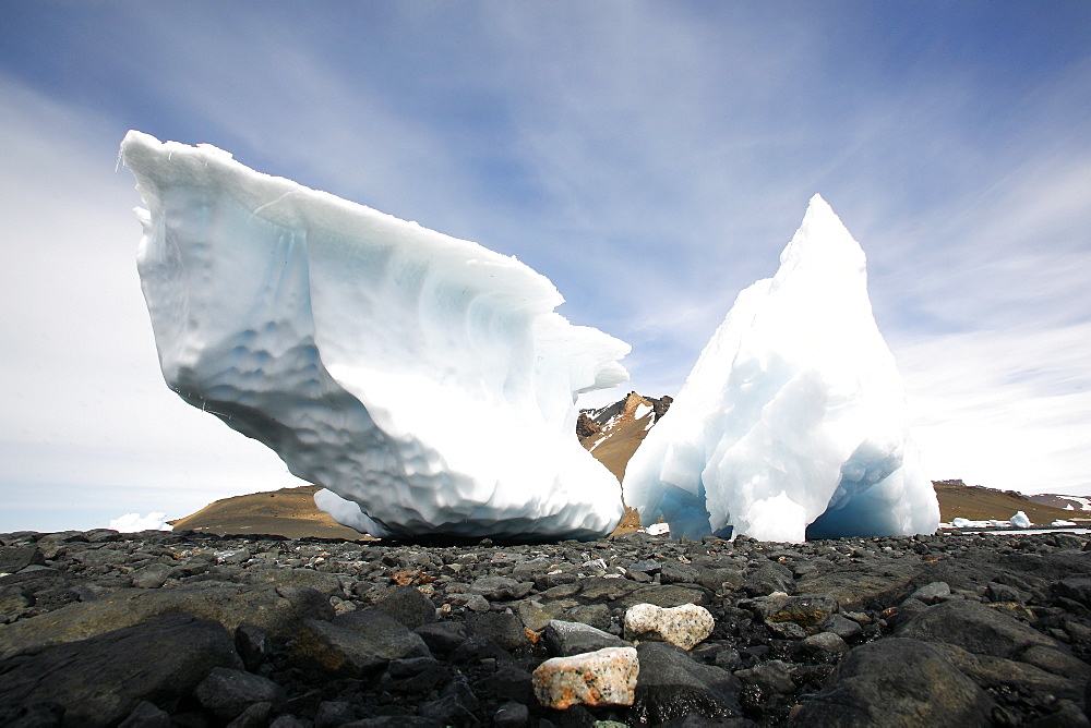 Grounded iceberg detail in and around the Antarctic Peninsula during the summer months. More icebergs are being created as global warming is causing the breakup of major ice sheets.