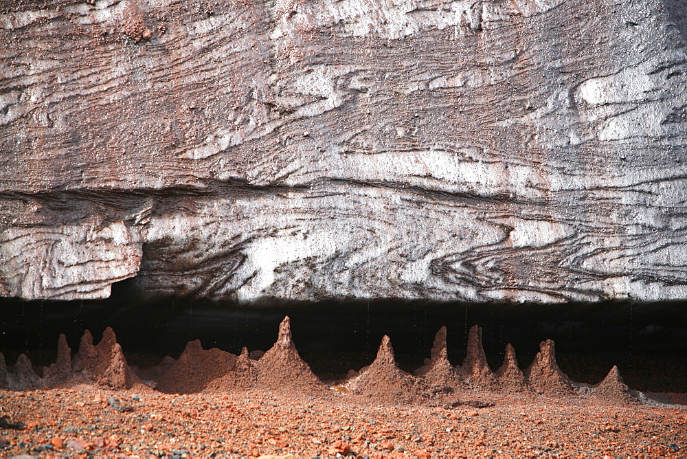 Close up views of glacial ice and ash after the 1969 eruption on Deception Island in Antarctica. Note the suspended ash being deposited in small stalagmites as the ice melts.