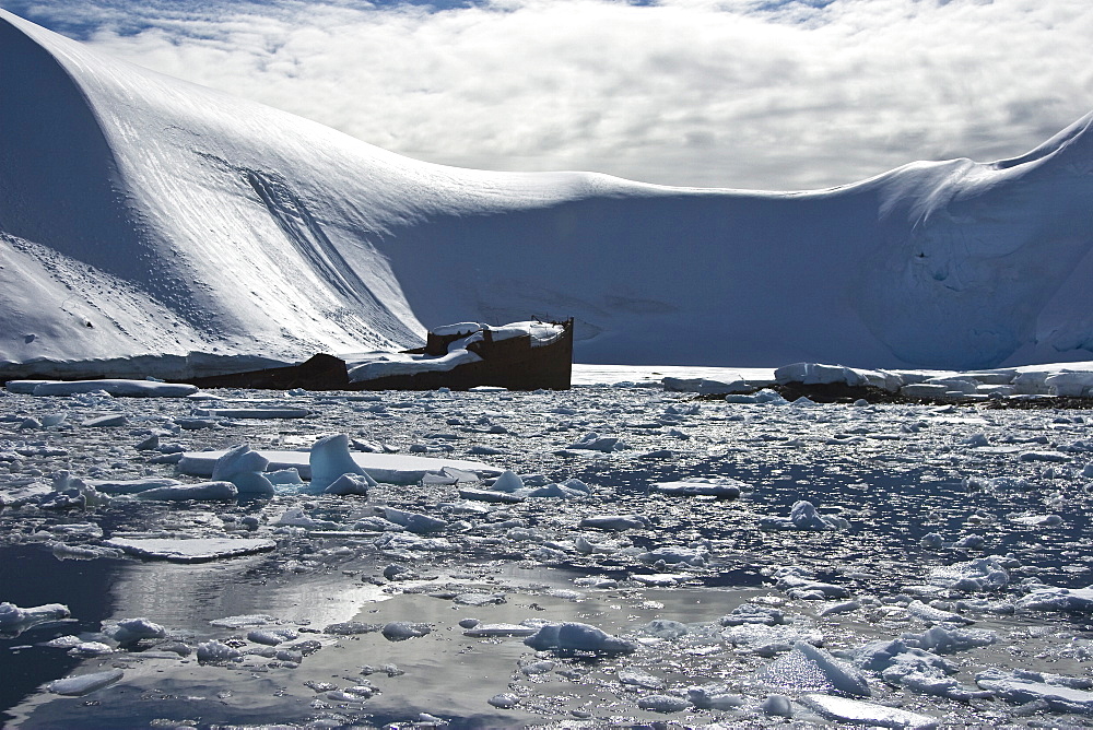 A view of the wreck of the Norwegian whaler Gubernor on the west side of the Antarctic Peninsula.