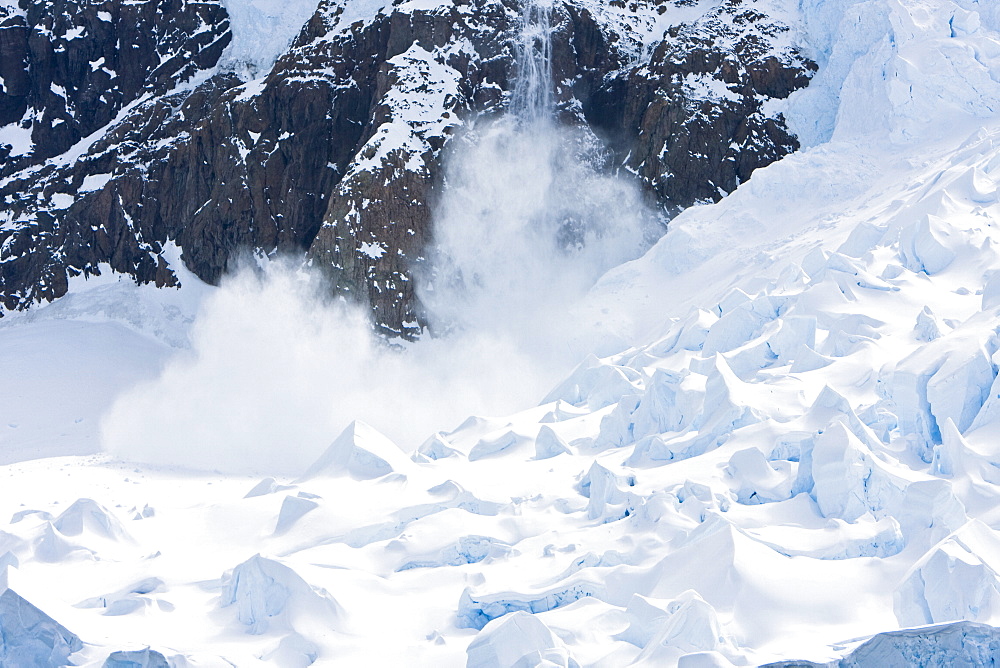 A glacier calving event in Neko Harbor in Anvers Bay on the west side of the Antarctic Peninsula.