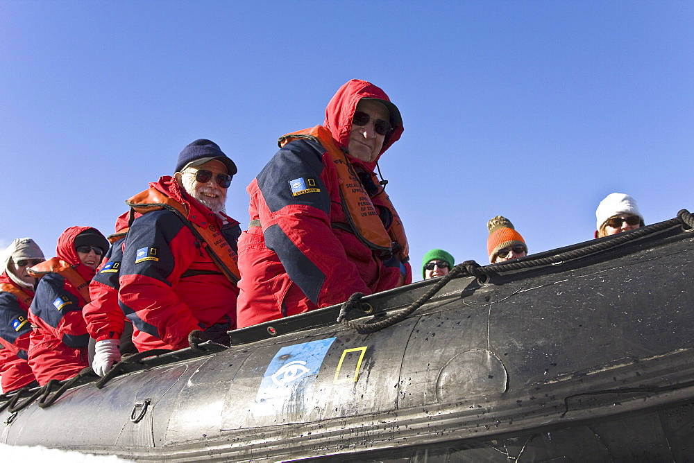 Lindblad Expeditions guests on Zodiac tour in Antarctica as part of expedition travel. NO MODEL RELEASES FOR THIS IMAGE.